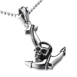Mens Skull Marine Anchor Pendant Necklace Stainless Steel with 23.4 in Ball Chain