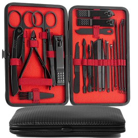 Auralux Set de Manicura y Pedicura 24 en 1, Kit de Uñas con Cortauñas Profesionales, Herramientas de Acero Inoxidable, Estuche Portátil para Viaje, Uso Diario y Regalo. (Negro y Rojo)