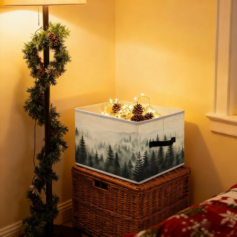 Misty Foggy Mountain Storage Bins, Forest Green Nature Landscape Foldable