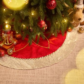 Valery Madelyn Christmas Tree Skirt for Tree Decorations, 36 Inch Fabric Luxury Red Gold Large Xmas Velvet Tree Skirt with Embroidery Flower & Golden Baroque Border Tree Merry Christmas Party Decor