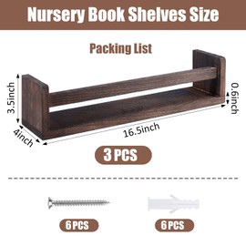 Gabotrie 3 Pack Nursery Shelves, 16.5 Inch Nursery Book Shelve, Solid Wood Wall Mounted Shelve for Books, Floating Shelves for Wall Books Living Room Kids Room Decor(Walnut Brown)