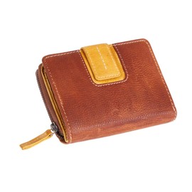 MIKA 42183 Women's Genuine Leather Wallet Portrait Format Wallet with 9 Card Slots, 4 Slip Pockets, 2 Note Compartments and Coin Compartments, Brown / Yellow, Approx. 13 x 9.5 x 3.5 cm, Brown -