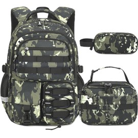 Tecoloy Camo Backpack for Boys, 3PCS Tactical Kids Backpack Boys with Lunch Box & Pencil Case, Waterproof Military Army Bookbag for Elementary Middle School Teens, Boys School Bag Ages 6-14