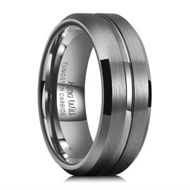 King Will Stylish Tungsten Carbide Wedding Band for Men, 8mm Ring with Groove and Black Edges with Steel-Plated Inner, Comfort Fit Size 10