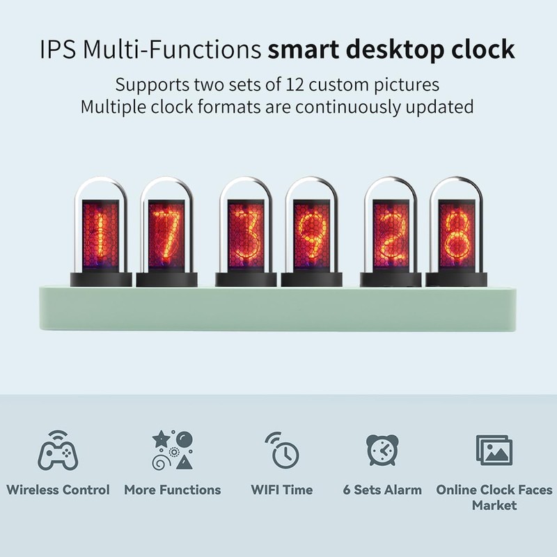 TPHRAVAL Nixie Clock IPS Clock, Display time/Set Alarm, Upload Pictures,