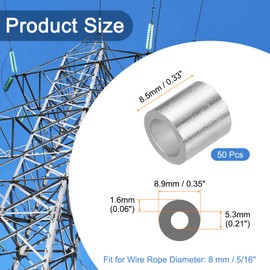 sourcing map Aluminum Wire Rope Stop Sleeve 3/16"(5mm) Crimping Loop Sleeve Round Cable Ferrule for Wire Rope Cable Line, Pack of 25