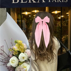 Hair Bows for Women Silky Satin Big Hair Bows Clips for Girls 3PCS Oversized Long-tail Bow Clips Fashion Aesthetic Hair Accessories（Pink Rose Pink Black）