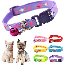 Cute Cat and Dog Collar with Bell, Adjustable Nylon Puppy Kitten Collar, 5 Colors (Rabbit Purple, Neck 7-12")