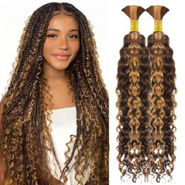 Water Wave Bulk Human Hair for Braiding 2 Bundles Human Braiding Hair Highlight P4/27 Boho Braids No Weft Human Hair Extensions Wet and Wavy Human Hair for Boho Knotless Braids (22 inch/100g)