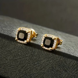 USA Warehouse Square Black Diamond Stud Christmas Gifts Jewelry Men Women 5A Cubic Zirconia 14K Gold Plated Rectangle CZ EarringColor: Golden
