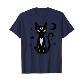Gothic Witchy Black Cat with Moon Mystical Stars Night Art T-Shirt