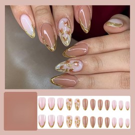 KQueenest Gel Press on Nails Almond Medium, French Tip Fake Nails with 3D Gold Floral Design, Full Cover Nude Pink Glue on Nails Press ons, Cute Stick on Nail for Women Summer 24 Pcs