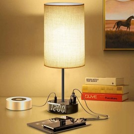 Alarm Clock Lamp with USB-A and USB-C Charger and Outlets - style: With round lamp
