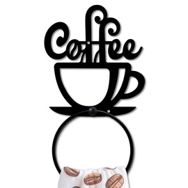 MAYJOYDIY Coffee Metal Towel Ring Tea Cup Towel Holder Afternoon Tea Coffee Wall Decor Towel Hanger Black Art Towel Rack Wall Mounted for Bathroom Kitchen Home Shop Decors Gift