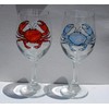 Blue and Red Crab Hand Painted Stemmed Wine Glasses Set