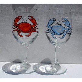 Blue and Red Crab Hand Painted Stemmed Wine Glasses Set of 2