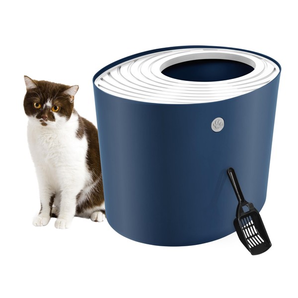 IRIS USA Large Top Entry Cat Litter Box with Scoop, Navy/White