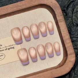 Piece Handmade Press-On Nails, Glossy Milky & Pink Oval Nails for Sticking, French Design, Medium Almond Fake Nails for Women, Reusable & Natural (Rose Violet2802, L)