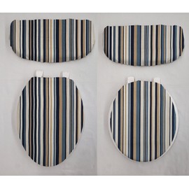 Kristin's Kreations Blue Khaki Beige Stripes Toilet Seat Lid and Tank Cover Set