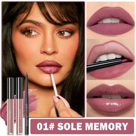 QIUFSSE 3 in 1 Lip Liner and Lipstick Combo Lip Gloss Kit for Women Moisturizing Velvet Lip Kit Long-lasting Smudge Proof Daily Professional Lip Makeup (01# Sole Memory)