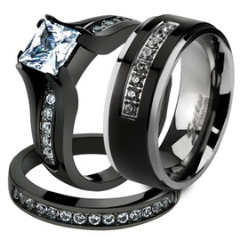 Marimor Jewelry Her and His 3 Piece Black Stainless Steel Engagement Wedding Ring Set and Titanium Band Size Women's 08 Men's 11