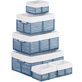 Vagusicc Wicker Storage Basket, 6 Pack Baskets for Organizing, Wicker Baskets with Handle, Rectangular Woven Basket for Storage Shelves, Cube Storage Bins for Closet/Clothes/Dresser, Blue