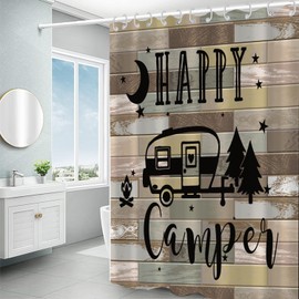 DORCEV 48x72inch Happy Camper RV Shower Curtain for Travel Trailers Vintage Farmhouse Bathroom Camping Theme Shower Curtains Set RV Restroom Decorations Accessories with Hooks