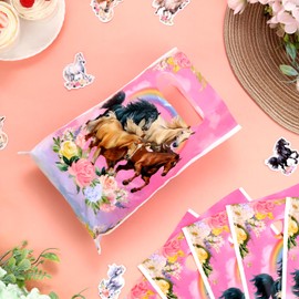 Serencatcher Horse Party Favors Bags, 100pcs Western Horse Birthday Decorations Gift Goodie Candy Treat Bags, Plastic Gift Bags with Handles Pink for Cowboy Cowgirl Birthday Party Decoration