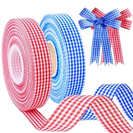 2 Rolls Gingham Ribbon 3/8" x 50 Yards, Polyester Checkered Plaid Ribbons for Gift Wrapping, DIY Crafts, Wedding Decor, Hair Bows, Home Decoration（Red and Blue）