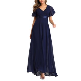 ECDAHICC Women's Evening Dresses Belt V-Neck High Waist A-line Chiffon Bridesmaid Dress Elegant Long Prom Dress, darkblue