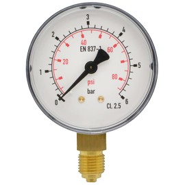 Fittingteile - Pressure Gauge Vertical Diameter 63 mm - Class 2.5 for Compressed Air Pneumatic Pressure Display (Display Range: 0 to 6 bar)