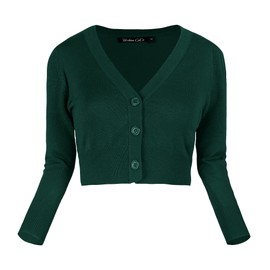 Urban CoCo Women's Cropped Cardigan V-Neck Button Down Knitted Sweater 3/4 Sleeve (S, Dark Green)
