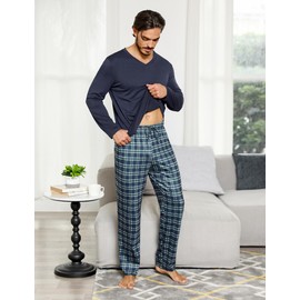 Bresdk Mens Pyjamas Set Cotton Pjs Sets Long Sleeve Tops V Neck Nightwear Plaid Pajama Bottoms Loungewear Sets, Navy/Green, 3XL