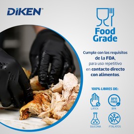 DIKEN Guantes 100% Nitrilo, Grado Alimenticio, SIN Polvo, Libre de Látex y Vinil, Desechables, Diseño Ambidiestro y Ajustable. (100, Grande)