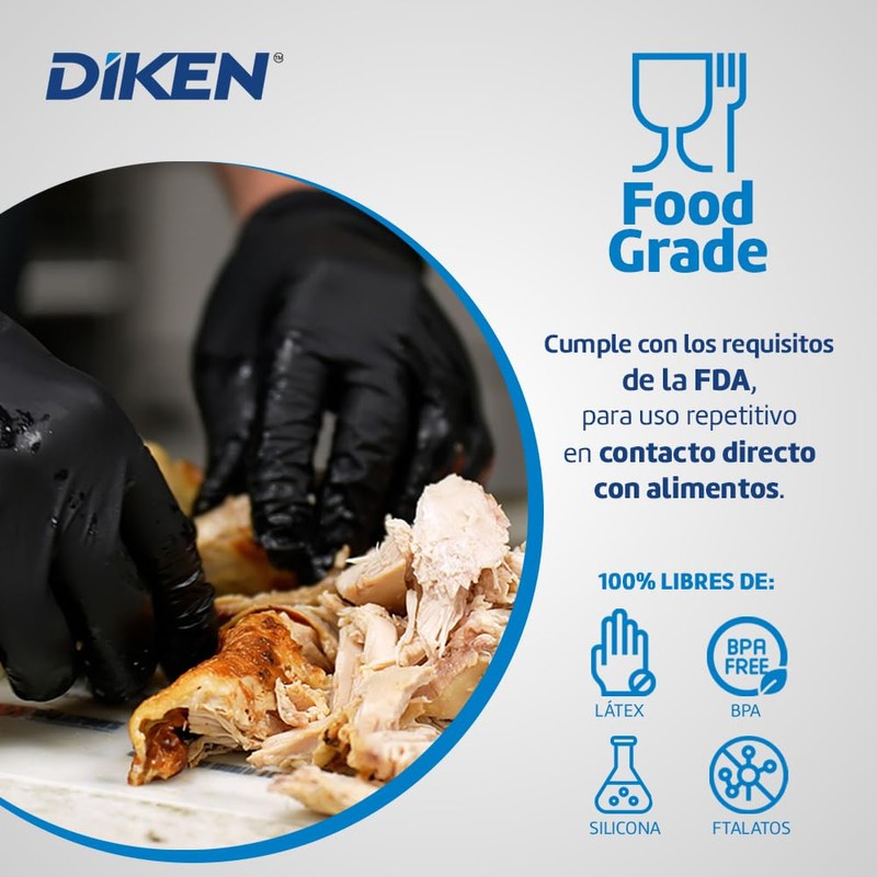DIKEN Guantes 100% Nitrilo, Grado Alimenticio, SIN Polvo, Libre de