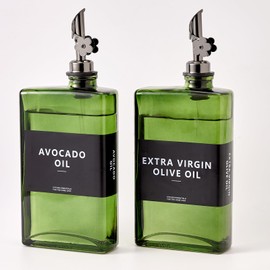 MUVEKA Olive Oil Dispenser Bottle for Kitchen, Vinegar Dispenser Bottle Set, Glass Sauce Container, Oil Cruet with Labels, Brush, Funnel, Stoppers, Green for Wine