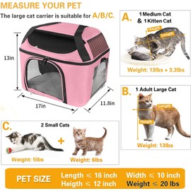 Bejibear Large Cat Carrier for 2 Cats, Oeko-TEX Certified Soft Side Pet Carrier for Cat, Small Dog, Collapsible Travel Small Dog Carrier, TSA Airline Approved Cat Carrier for Large Cats 20 lbs-Pink
