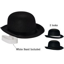 NJ Novelty - Black Derby Hat, 5" Tall Felt Bowler Hat Dress Up Costume Accessory for Adults + White Band (Black - 1 Pack)