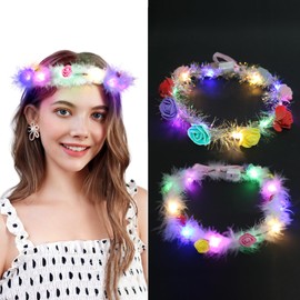 LED Feather Headbands, 2 Pieces Flower Wreath Hair LED, LED Flower Wreath Hair, Flower Wreath Hair Luminous, LED Flower Wreath Headband, Birthday Gift Christmas Party Wedding Decoration