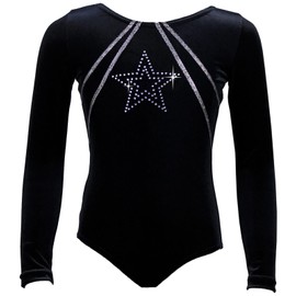 Gymnastics Leotard GymStar Long Sleeve Velour Velvet & Rhinestones Girls Gymnastics Leotard Velvet Body Kids Gymnastics, Velvet in black with silver