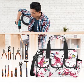 Bird On Tree Wide Mouth Tool Bags for Men and Women Flower Bird 14.8-Inch Tool Tote Bag Pouch Heavy Duty Waterproof Tool Organizer Bag with Adjustable Strape