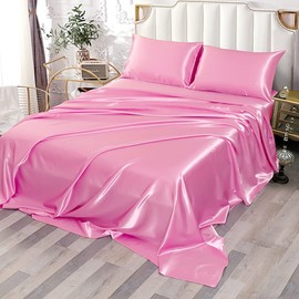 Sfoothome King Satin Sheets [4-Piece, Pink] Hotel Luxury Silky Bed Sheets - Microfiber Sheet Set, Wrinkle, Fade, Resistant - Deep Pocket Fitted Sheet, Flat Sheet, Pillow Cases