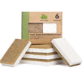 Zen Living Esponja natural – Esponjas ecológicas para cocina – Almohadillas biodegradables a base de plantas antiarañazos, sin olor, antiarañazos, para limpiar platos, la mejor esponja de pulpa de madera (marrón-blanco, 6 unidades)