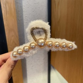 Autumn Winter Persian Plush Rhinestone Bowknot Hair Claw Clip 136 One Size/White Plush Bead Grip [11Cm] 20ea