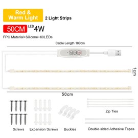 LED Plant Grow Light Strips for Indoor Plants Red & 3000K Sunlike Grow Lamp for Hydroponics Succulent Supplement Light 4 Dimmable Levels with 24-Hour Cycle Smart Timing USB Plug and Play