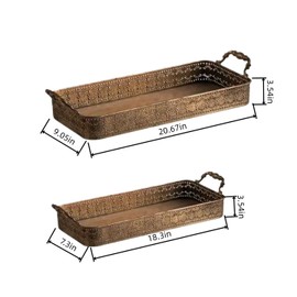 Vintage Gold Serving Tray Set with Handles, Decorative Ottoman & Coffee Table Tray for Living Room, Vanity or Bathroom, 2-Piece Antique Style Nesting Metal Trays with Hollow Carved Edge