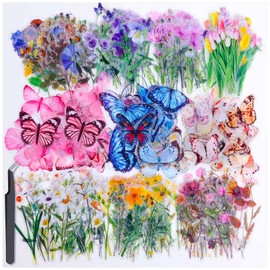 401Pcs Transparent Flower Butterfly Stickers for Scrapbooking, Clear Pressed Wildflower Stickers Vintage Floral Botanical Journaling Stickers for Scrapbook Junk Journal Bullet Journal Envelopes Crafts