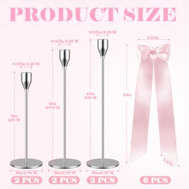 Nyvralora Silver Candle Holders Set of 6 for 3/4" Taper Candles with Pink Bows Decor, Tall Candlestick Holder Home Decorative Table Centerpieces for Wedding, Dinning, Party