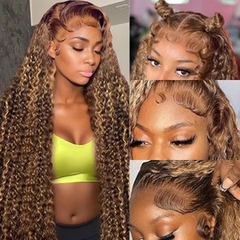 FYKD Highlight Ombre Lace Front Wig Human Hair 13x4 HD Honey Blonde 4/27 Deep Wave Lace Front Wigs Human Hair 250% Density Glueless Wigs Human Hair 26Inch