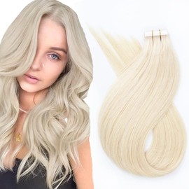 Unipearl Straight Tape-In Extensions, Real Hair, 45 cm / 18 Inches, 20 Pieces, 50 g, Platinum Blonde, Invisible Skin Weft Real Hair Extensions for Women, Straight Tape-In Extensions Real Hair